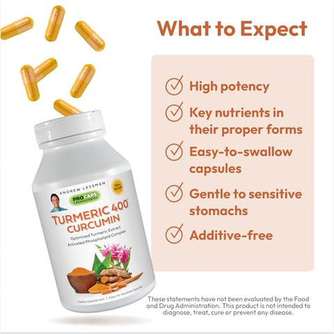 Turmeric 400-240 Cápsulas – 95%% Curcuminoides como Complexo de Fosfolipídeos para Benefícios Ótimos e Maior Absorção, Extrato Padronizado de Alta Potência, Pequeno e Fácil de Usar - ANDREW LESSMAN