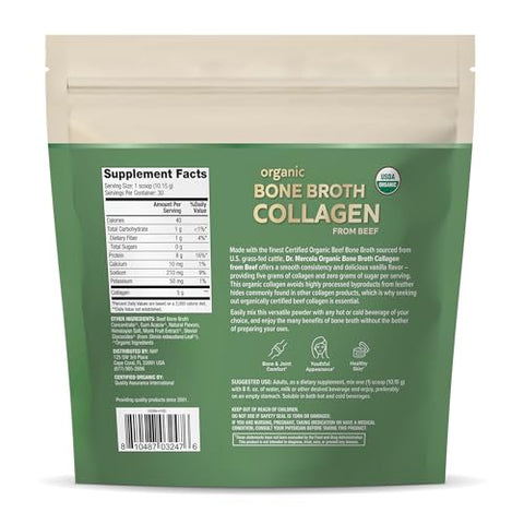 Colágeno em Pó de Caldo de Osso Orgânico – Baunilha, 30 Porções (30 Medidas), Suplemento Alimentar, Suporte para Conforto Ósseo e Articular, Orgânico Certificado pelo USDA, Não-OGM - Dr. Mercola