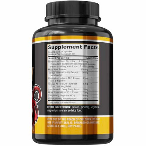YUMMYVITE - Horny Goat Weed Extra Strength Blend – 120 Cápsulas com Maca, Arginina, Ginseng, Tribulus, Tongkat, Libido, Resistência, Suporte Energético – Fórmula Não-OGM, 120 Cápsulas