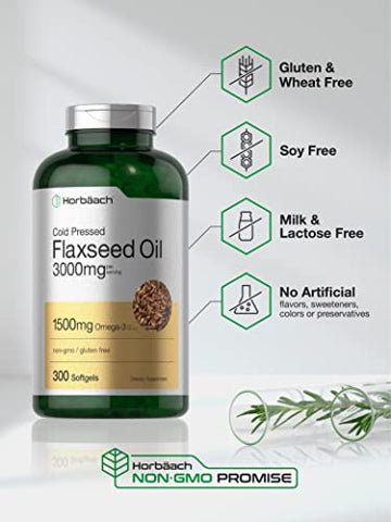 Óleo de Linhaça Cápsulas Softgel 3000mg | 300 Unidades | Alta Potência | com Ômega 3 6 9 | Livre de Transgênicos, Sem Glúten | Linhaça Prensada a Frio - Horbäach