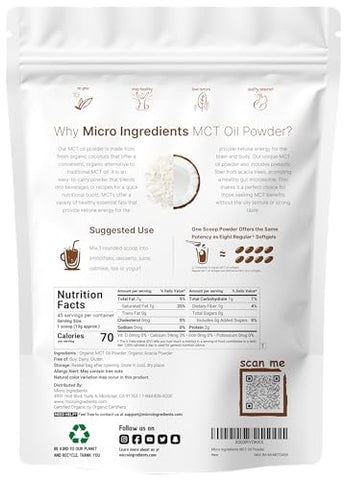 Micro Ingredients - Óleo de MCT Orgânico em Pó com Fibra Prebiótica, 454g, Energia Rápida para Corpo e Cérebro, Óleo de C8 MCT para Creme de Café, Sem GMOs, Dieta Keto, Vegano