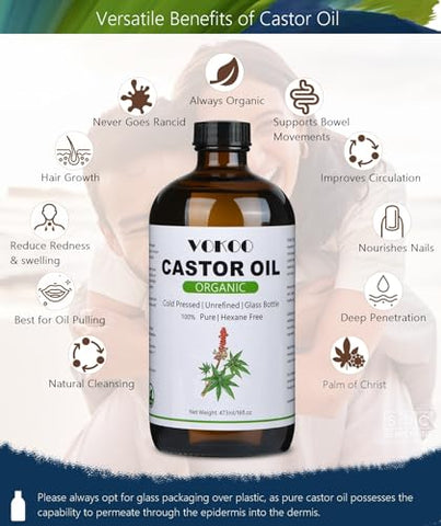 VOKOO - Óleo de Rícino Orgânico Extra Virgem Prensado a Frio em Frasco de Vidro para Crescimento Capilar, Cílios Mais Espessos, Cuidados com a Pele e Promoção do Bem-Estar Geral com Pacotes de Óleo de Rícino – 473 ml