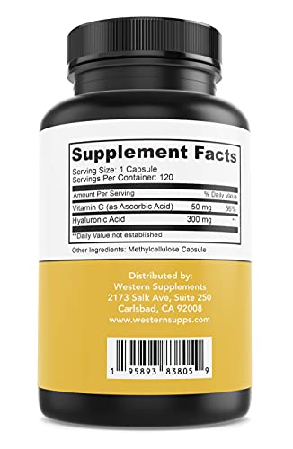 WESTERN SUPPLEMENTS PURE HEALTH - Western Supplements – Ácido Hialurônico Puro 300mg com Vitamina C – 1 Cápsula – 3 Meses de Suprimento – Pele Saudável, Anti-Envelhecimento, Beleza, Hidratação, Articulações