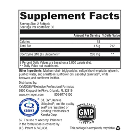 CoQmax 200mg Ubiquinol CoQ10 – Fórmula Patenteada e Estabilizada – Coenzima Q10 para Suporte Antioxidante e Saúde Cognitiva do Coração (60 Softgels) - XYMOGEN