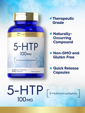 5HTP | 100mg | 240 Cápsulas | 5 Hidroxitriptofano | Não-OGM | Comprimidos de 5-HTP de alta potência - Carlyle