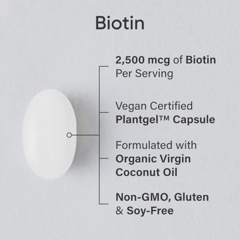 Vegan Biotin 2500mcg com Óleo de Coco Orgânico – Biotina Extra Forte Vitamina B7 para Cabelos Mais Saudáveis – 60 cápsulas - Sports Research