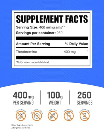 com Theobromine Powder – Suplemento de Teobromina, Suplemento Nootrópico – Suporte Energético, Sem Glúten, 400mg por Porção, 250 Porções, 100g (Pack de 1) - BulkSupplements