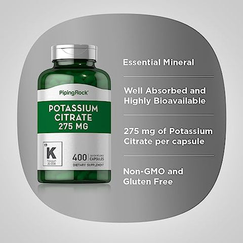 Suplemento de Citrato de Potássio | 275 mg | 400 Cápsulas | Sem OGM, Sem Glúten - Piping Rock