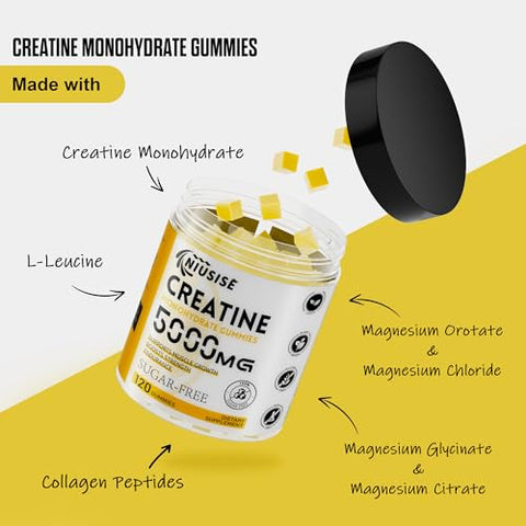 NIUSISE - Gummies de Creatina Monohidratada, 120 Gummies Sem Açúcar com 1000 mg de Complexo de Magnésio e L-Treonato para Homens