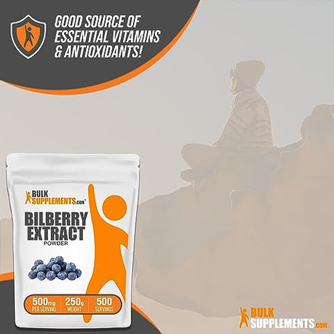 Bilberry Extract Powder BulkSupplements.com – Extrato de Frutas de Mirtilo, Pó de Mirtilo, Suplemento de Mirtilo para os Olhos – Livre de Glúten, 500mg por Porção, 250g (Pack de 1)