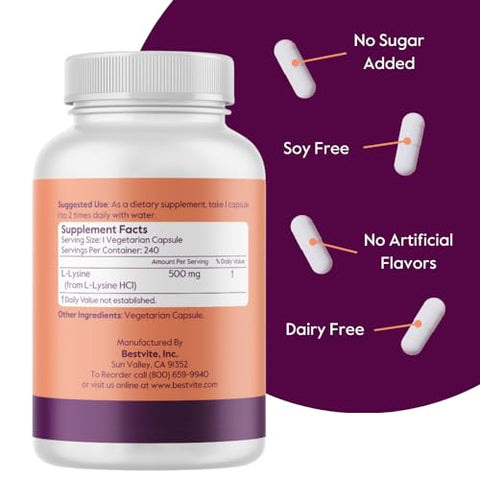 L-Lysine 500mg por Cápsula (240 Cápsulas Vegetarianas) – Sem Estearatos – Sem Preenchedores – Sem Agentes de Fluxo – Vegano – Não Transgênico – Livre de Glúten – Sem Ácido Esteárico – Sem Dicalcio - BESTVITE