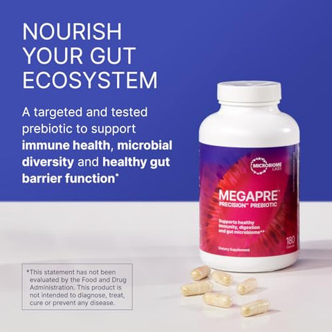 MegaPre – Suplemento de Fibra Prebiótica em Cápsulas Vegetais com Oligossacarídeos Clinicamente Testados – Suporte à Diversidade Microbiana - Microbiome Labs