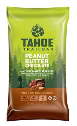 Barra Energética Natural à Base de Plantas (Barra de Proteína de 62,8g, 12 Unidades) Alto Teor de Proteína, Sem OGM, Sem Glúten, Vegano – Snacks Saudáveis de Manteiga de Amendoim e Chocolate - Tahoe Trail Bar