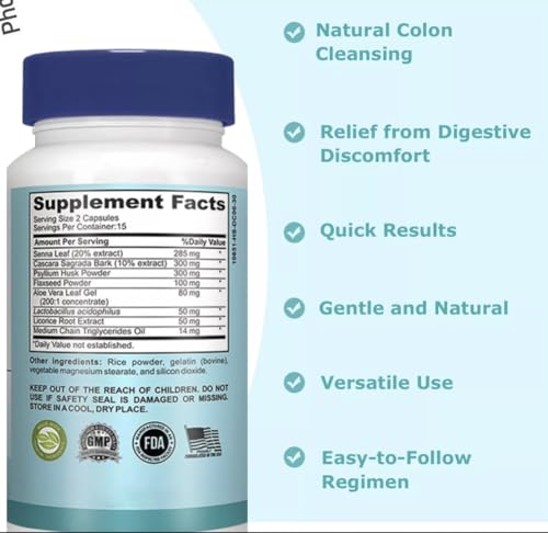 Generic - 15 Dias de Limpeza Intestinal – Suporte Intestinal e Colônico, Limpeza Intestinal de 15 Dias com Desintoxicação (1 Frasco com 30 Cápsulas)