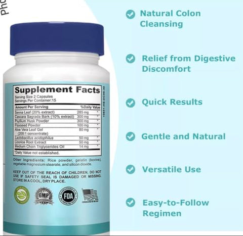 Generic - 15 Dias de Limpeza Intestinal – Suporte Intestinal e Colônico, Limpeza Intestinal de 15 Dias com Desintoxicação (1 Frasco com 30 Cápsulas)