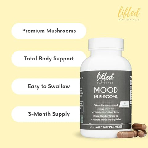 Lifted Naturals - Mood Mushrooms – Suplemento de Cogumelos Elevados – Cogumelo do Leão, Reishi, Chaga, Cauda de Peru, Maitake – Energia, Foco, Alívio do Estresse – Marca Mood Mushrooms