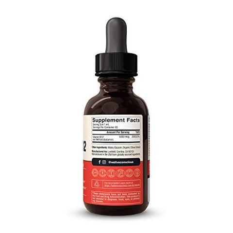 Vegan Vitamin B12 Sublingual Liquid Drops – Live Conscious: Fórmula Methylcobalamin Max Strength B12 5000mcg – Suporte Energético e Memória – 60ml