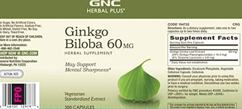 Herbal Plus Ginkgo Biloba 60 MG | Suporte para Mente Ativa | 300 Cápsulas - GNC