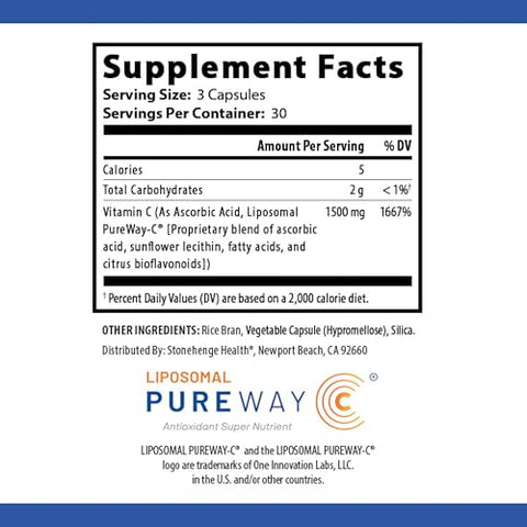 Stonehenge Health - Vitamina C Lipossomal Dinâmica 1500mg – 90 Cápsulas – Fórmula Avançada – Fosfolipídios de Girassol Não-OGM, Suporta Sistema Imunológico Saudável, Síntese de Colágeno e Cérebro
