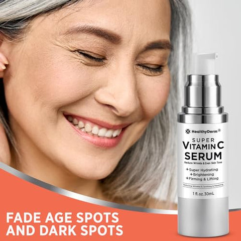 HealthyDerm - Super Serum Vitamina C para Mulheres Acima de 70: Vitamina C, Ácido Hialurônico, Vitamina E, Cafeína, Hidratante, Efeito Lifting, Redução de Rugas Faciais