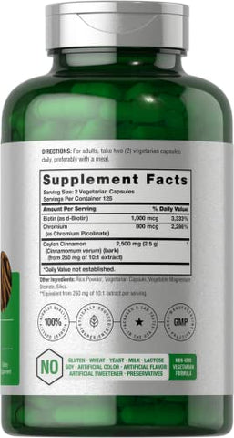 Horbäach - Canela com Picolinato de Cromo 2500mg | 250 Cápsulas | com Biotina | Vegetariano, Não-OGM, Sem Glúten | Horbaach