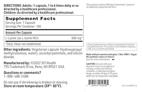 L-Lysine – 500mg Aminoácido Essencial para Saúde Imunológica - Klaire Labs