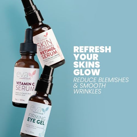 Facelift em um Frasco – Conjunto Anti-Envelhecimento 3 em 1 com Soro de Retinol, Soro de Vitamina C e Gel para os Olhos – Reduz Rugas, Clareia Manchas Escuras e Trata Olheiras - Eva Naturals