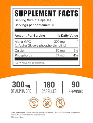 Alpha GPC Capsules BulkSupplements.com – Suplementos de Acetilcolina, Alpha GPC 300mg – Suplementos de Colina, Livre de Glúten, 2 Cápsulas por Porção, 180 Cápsulas (Pacote de 1)
