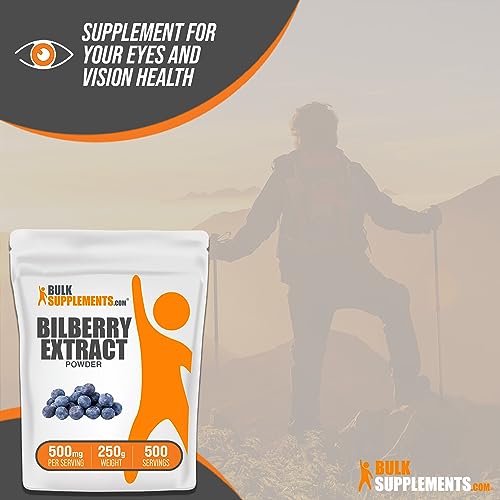 Bilberry Extract Powder BulkSupplements.com – Extrato de Frutas de Mirtilo, Pó de Mirtilo, Suplemento de Mirtilo para os Olhos – Livre de Glúten, 500mg por Porção, 250g (Pack de 1)