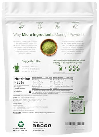 Micro Ingredients - Moringa Oleifera em Pó Orgânico para Cabelos, 2 Libras, Rico em Antioxidantes e Vitamina Imune, Superfoods para Chá de Moringa, Bebida de Moringa, Cultivado na Índia, Vegano