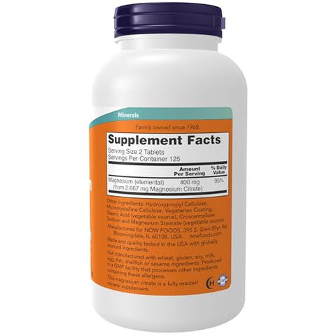 NOW Foods - NOW Supplements, Magnésio Citrato 200 mg, Função Enzimática, Suporte ao Sistema Nervoso, 250 Comprimidos (Embalagem de 1)