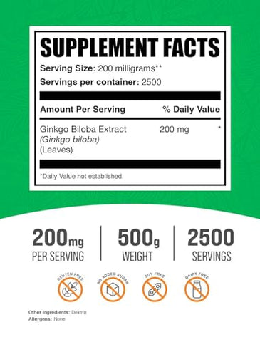 Ginkgo Biloba Extract Powder – BulkSupplements.com, Ginkgo Biloba Supplements, Ginkgo Biloba Powder, da Folha de Ginkgo Biloba – Livre de Glúten, 200mg por Porção, 500g (1.1 lbs)