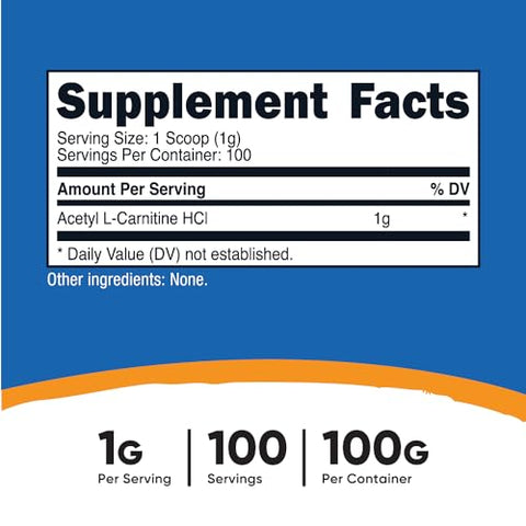 Acetyl L-Carnitine HCI (ALCAR) 100g – 1g por Porção – Sem OGM, Sem Glúten, Sem Sabor – Nutricost ALCAR 100g - Nutricost