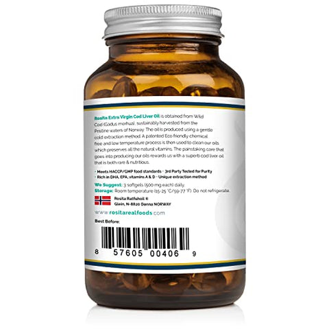 Rosita Real Foods - Óleo de Fígado de Bacalhau Extra Virgem Rosita – Cápsulas Softgels 100% Puro e Natural – Alta Qualidade – 120 Cápsulas