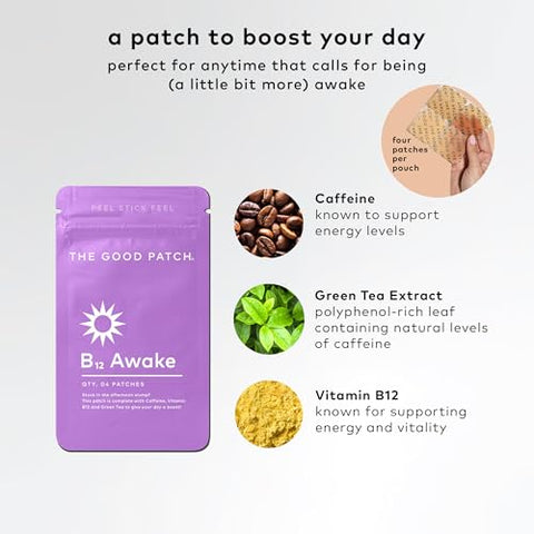 B12 Awake Patch – Adesivo Natural com Cafeína, B12 e Extrato de Chá Verde, Bem-Estar Vestível Impulsionado por Plantas (8 Adesivos no Total) - The Good Patch
