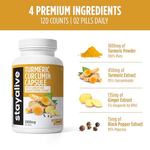STAY ALIVE - StayAlive Cápsulas de Cúrcuma 2400mg, 95%% Curcuminoides c/Gengibre | Turmeric 2400mg, 95%% Curcuminoides c/Gengibre | StayAlive