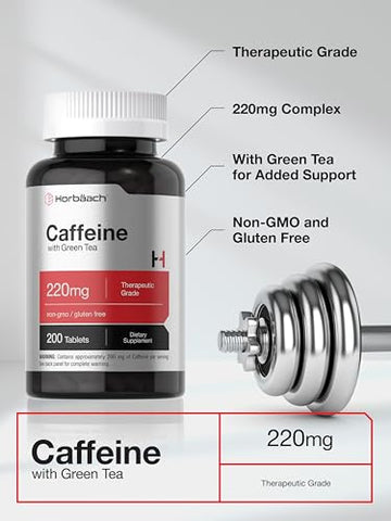 Cápsulas de Cafeína 200mg | com Chá Verde | 200 Comprimidos | Vegetariano, Não-OGM | Horbäach - Horbäach