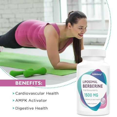 KoNefancy - Berberine HCL 1500mg – Cápsulas Lipossomais de Alta Bioatividade para Mulheres e Homens, Ativador AMPK