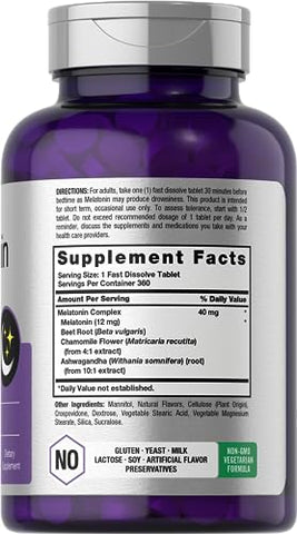 Melatonin 40mg Complex | 360 Comprimidos de Dissolução Rápida | Suplemento Extra Forte para Adultos | com Camomila e Ashwagandha | Vegetariano, Não-OGM, Sem Glúten - Horbäach