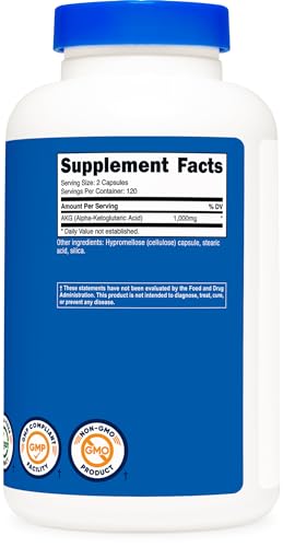 AKG Ácido Alfa Cetoglutárico 1.000 mg – 240 Cápsulas, 120 Porções – Poderoso Precursor de Glutamina - Nutricost