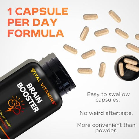 Suplemento Cérebro para Memória e Concentração – Suporte Nootrópico – Memória, Clareza, Concentração, Energia – Vitamina B12, Ginkgo Biloba, DMAE - Vital Vitamins