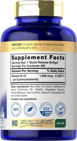 Vitamina B12 Absorvível 1000mcg | 400 Softgels | Sem OGM e Livre de Glúten | Marca Carlyle - Carlyle