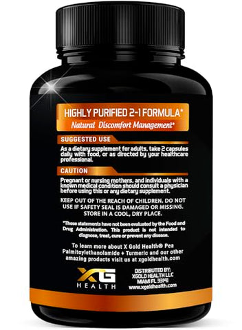 X Gold Health - Palmitoiletanolamida 600mg Complexo de Cúrcuma Curcumina 1000mg: PEA Micronizado 99% Altamente Purificado e Bioacessível – Fabricado nos EUA – Suplemento para Homens e Mulheres – 120 Cápsulas Vegetarianas