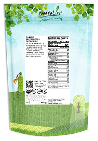 Food to Live - Pó de SuperVerdes Orgânicos, 1,5 libras – Mistura de Couve, Moringa, Spirulina, Pó de Capim-limão. Não-OGM, Puro, Vegano, a Granel. Rico em Antioxidantes, Clorofila. Ótimo para