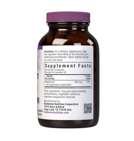 Nutrition Magnésio Aspartato 400mg, 100 Cápsulas Vegetais | Suplemento de Magnésio de Alta Qualidade - Bluebonnet