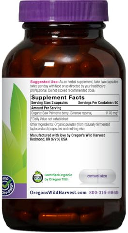Oregon's Wild Harvest - Oregon’s Wild Harvest – Saw Palmetto Orgânico Certificado, 180 Cápsulas