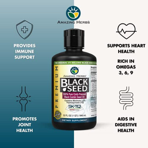 Óleo de Semente de Cominho Preto Premium Amazing Herbs – Extração a Frio de Nigella Sativa Auxilia na Saúde Digestiva, Suporte Imunológico, Função Cerebral, Mobilidade Articular – Sem Glúten, Não Transgênico – 946 ml