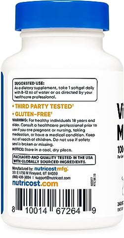 Vitamina K2 MK-7 100 mcg, 240 Softgels – Livre de Glúten e Não-OGM MK7 - Nutricost