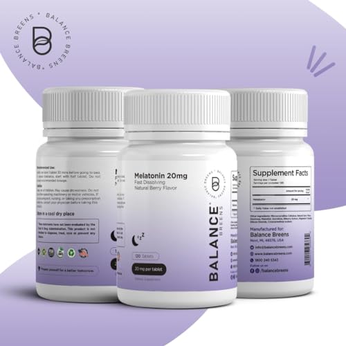 Melatonina 20mg, 100% Livre de Medicamentos, Sabor Natural de Frutas Vermelhas – 120 Comprimidos de Dissolução Rápida – Experimente Noites Serenas e Repousantes – Encontre Sua Calma, Abrace o Relaxamento - Balancebreens