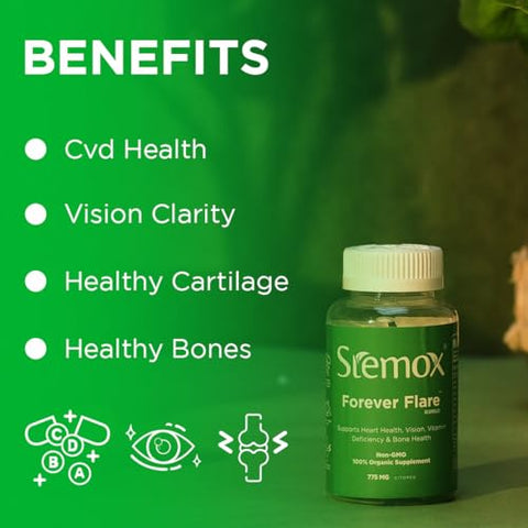 Stemox - Forever Flare 775MG | Vitamina C, Vitamina E, Magnésio, Riboflavina, Niacina, Tiamina | Multivitamínico Completo para Vitalidade Diária | 60 Cápsulas | Não-OGM | 100% Orgânico